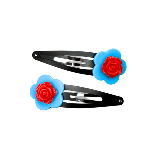 Turquoise Daisy Red Rose Hair Clips