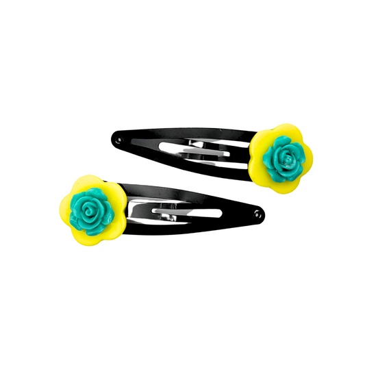 Yellow Daisy Turquoise Rose Hair Clips